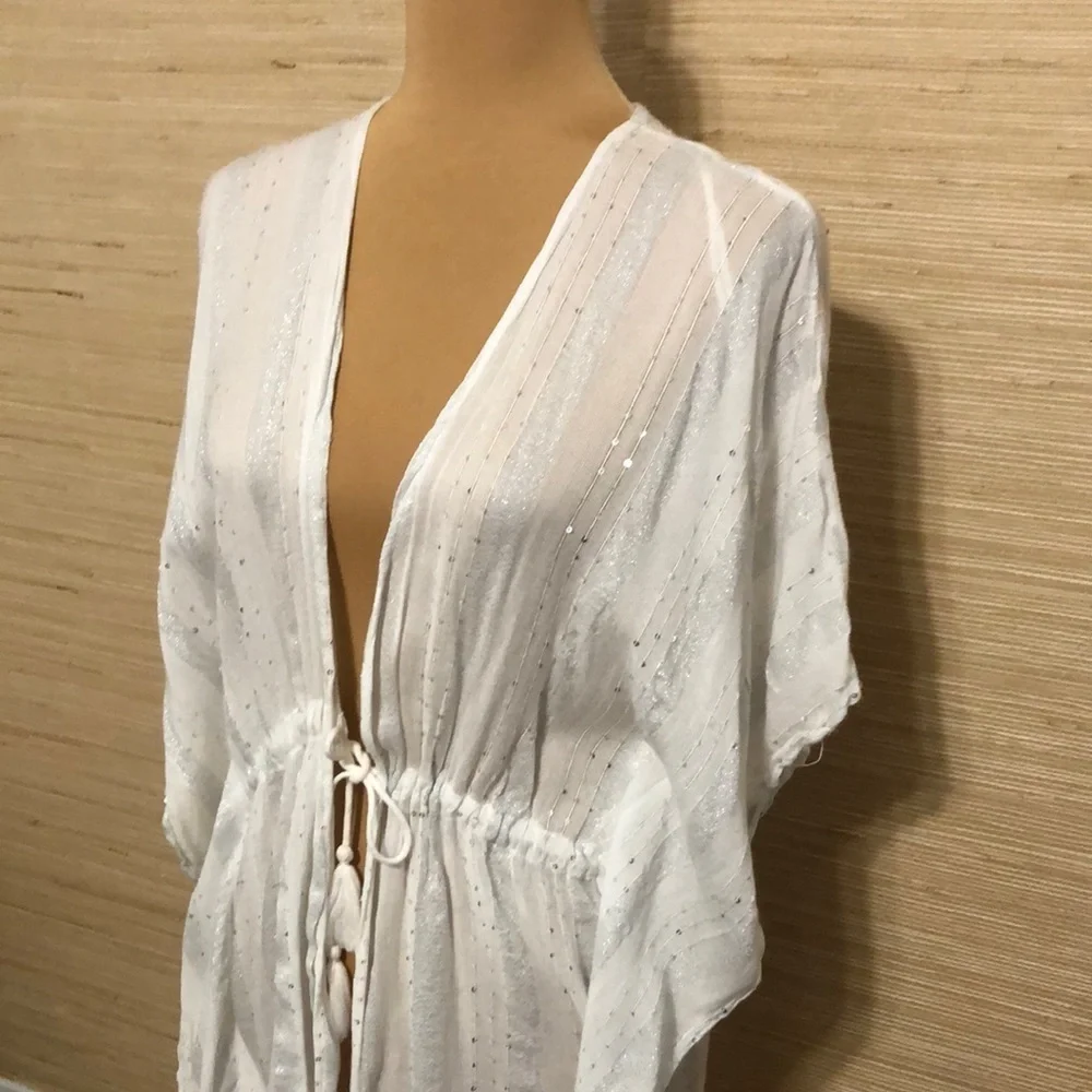 White Women's Swim Drawstring Waist Silver Sequin Tassel Sheer Cover-Up L/XL